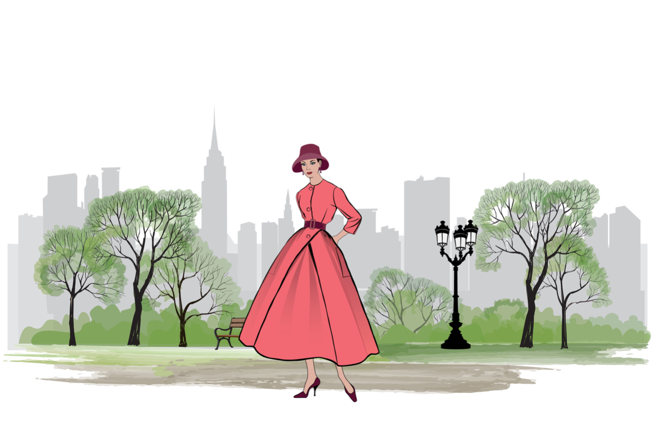 Gezeichnetes Bild mit einem Modell aus den 1950 Jahren Kleid in Rot